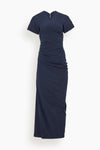 V-neck Spring Fitted Ruched Self Tie Maxi Dress