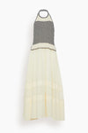 Sleeveless Striped Print Pleated Hidden Side Zipper Tiered Spring Halter Midi Dress
