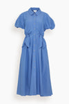 Fitted Self Tie Puff Sleeves Sleeves Cotton Full-Skirt Fit-and-Flare Shirt Midi Dress