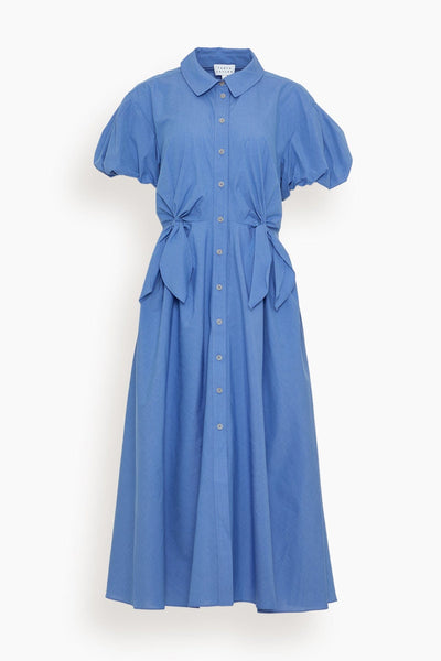 Self Tie Fitted Cotton Fit-and-Flare Puff Sleeves Sleeves Full-Skirt Shirt Midi Dress