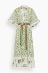 Tie Waist Waistline General Print Full-Skirt Collared Self Tie Linen Midi Dress