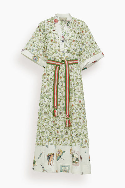 Tie Waist Waistline Collared Full-Skirt General Print Linen Self Tie Midi Dress