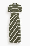 Striped Print Short Sleeves Sleeves Gathered Slit Crew Neck Midi Dress