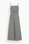 Checkered Gingham Print Square Neck Draped Gathered Ruched Midi Dress