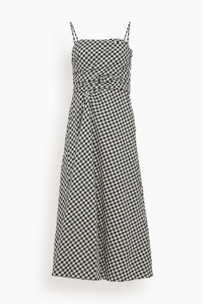 Square Neck Checkered Gingham Print Draped Ruched Gathered Midi Dress