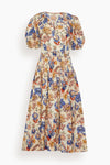 General Print Fitted Belted Self Tie Fit-and-Flare Full-Skirt Tie Waist Waistline Puff Sleeves Sleeves Cotton Midi Dress