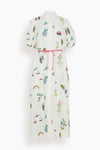 General Print Puff Sleeves Sleeves Belted Embroidered Linen Shirt Midi Dress