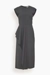 Crew Neck Wool Fitted Asymmetric Midi Dress With Ruffles