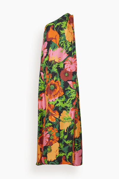 Floral Print One Shoulder Silk Pocketed Maxi Dress