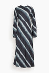 Long Sleeves Striped Print Round Neck Slit Midi Dress