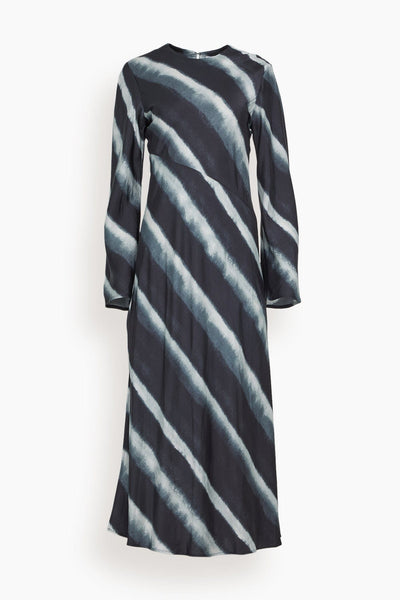 Striped Print Long Sleeves Round Neck Slit Midi Dress