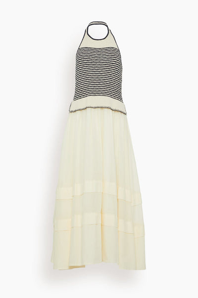 Spring Tiered Pleated Hidden Side Zipper Halter Striped Print Sleeveless Midi Dress