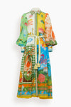 Full-Skirt Puff Sleeves Sleeves Tie Waist Waistline Fit-and-Flare Belted Self Tie Fitted Linen Shirt Midi Dress