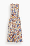 Hidden Back Zipper Pleated Fitted Floral Print Cotton Fit-and-Flare Midi Dress
