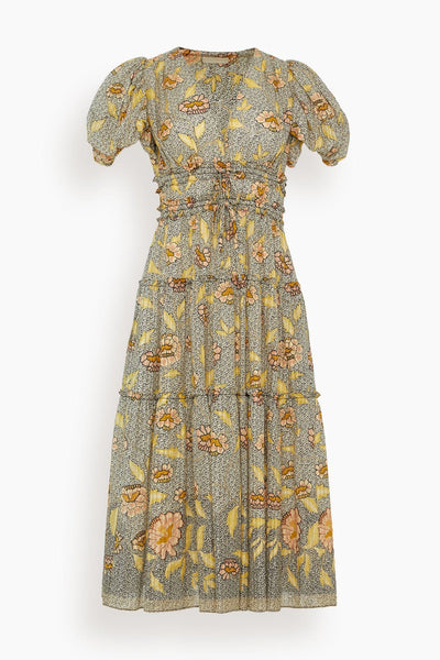 Short Sleeves Sleeves Ruffle Trim Striped Floral Print Vintage Gathered Dress