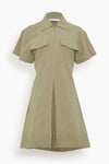 Short Collared Front Zipper Pocketed Crinkled Cotton Swing-Skirt Dress