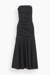 Strapless Dropped Waistline Cotton Hidden Back Zipper Ruched Midi Dress