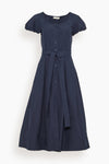 Button Front Fitted Belted Fit-and-Flare Cotton Puff Sleeves Sleeves Midi Dress