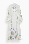 Spring Collared Embroidered Pleated Drawstring Linen Floral Print Shirt Midi Dress