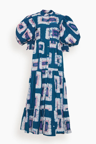 Cotton General Print Puff Sleeves Sleeves Button Front Tiered Mock Neck Maxi Dress