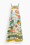 General Print Shirred Full-Skirt Linen Midi Dress