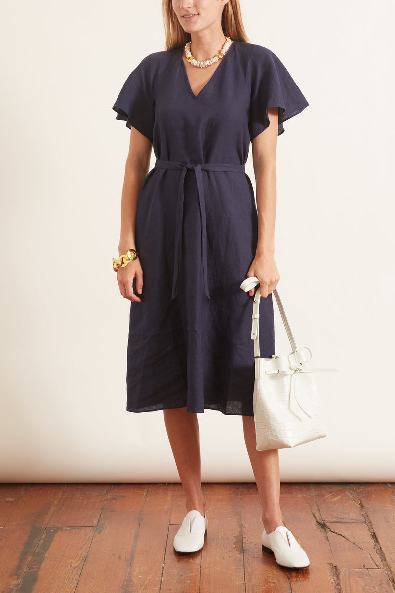 navy flutter sleeve dress