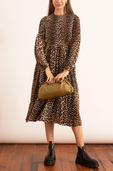 Ganni Dresses Printed Georgette Ruched Front Dress in Leopard Ganni Printed Georgette Ruched Front Dress in Leopard
