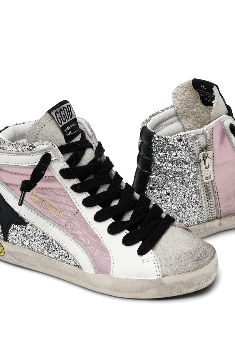 silver and black golden goose sneakers