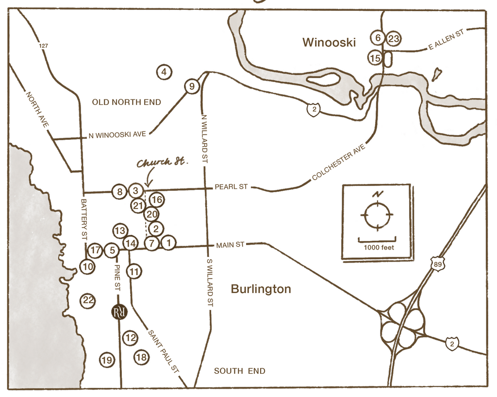 a hand-drawn map of Burlington with coded dots signifying locations