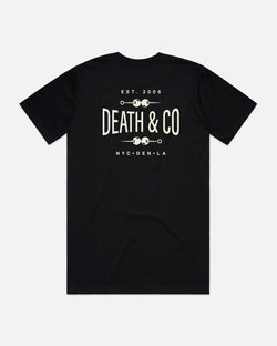back of black tee with tooth picks and "est. 2006 death & co. NYC. Den. LA"