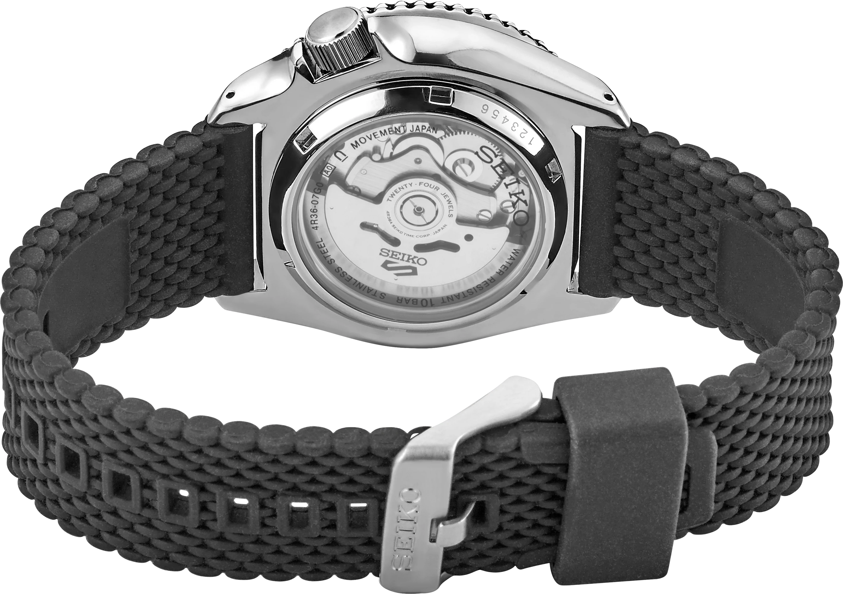 Seiko 5 Sports SRPD95 Black Dial Black Silicone Strap Watch | Skeie's  Jewelers