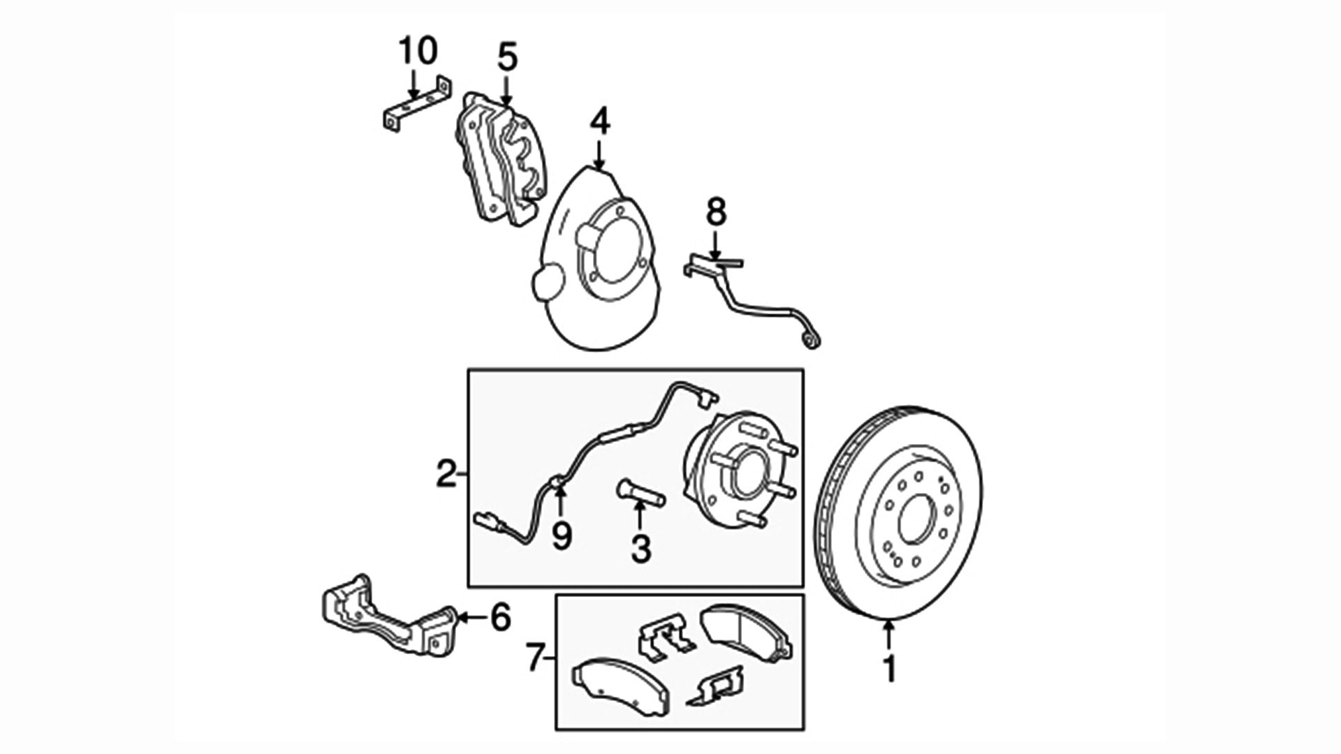 Diagram showing parts of the front brake and hub assembly for 2007 Cadillac Escalade