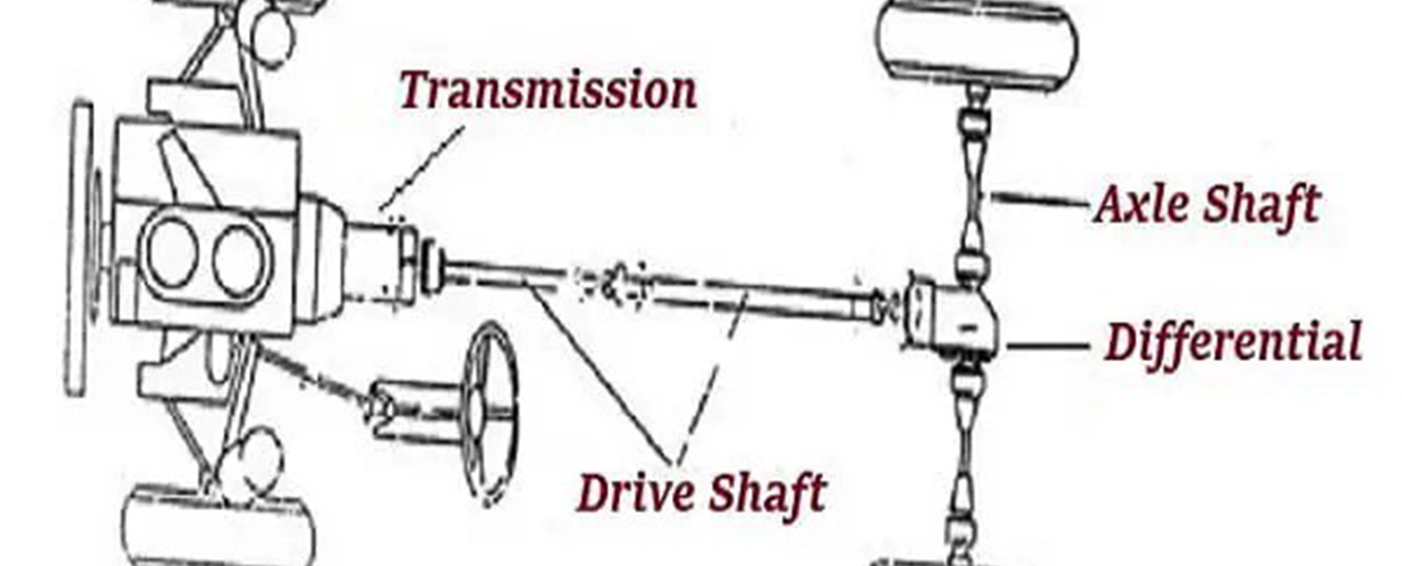 Diagram showing different parts of drive shaft, including transmission, axle shaft, and differential