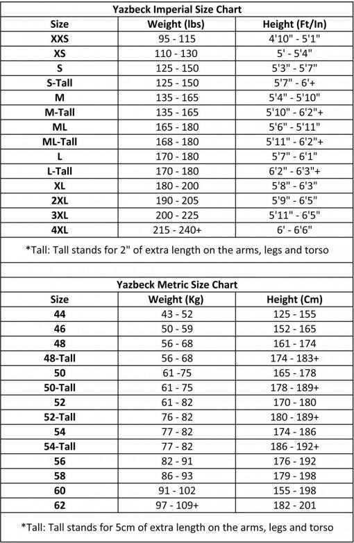 YAZBECK REDLINE SIZE CHART - BLUE HOLIC SCUBA