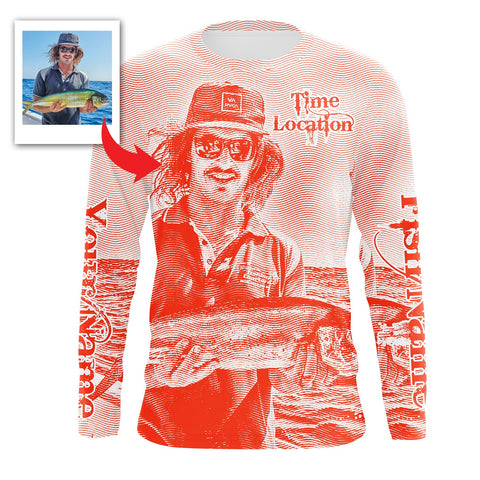 Fishing Red background Custom name UV Long Sleeve Fishing Shirts