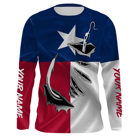 Texas Flag Long Sleeve Performance Fishing Shirts, Custom Texas Fishing Hooks Shirts for Men - IPH1891, Kid Long Sleeves UPF / S