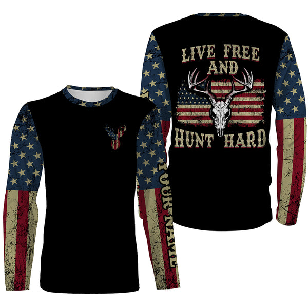 Live free and Hunt hard Deer Hunting buck whitetails US Flag Full Printing Custom Name Shirts patriot hunting Personalized Gift - NQS2518