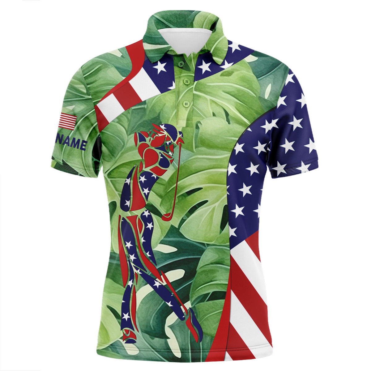 Personalized American flag patriot golf green tropical mens golf polo