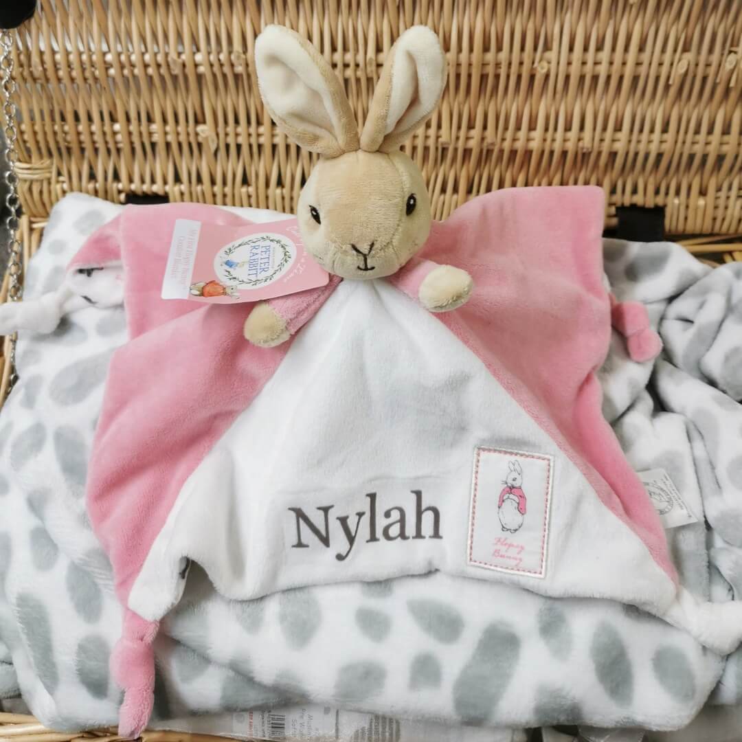 Persoanlised baby gift - flopsy bunny comfort blanket.