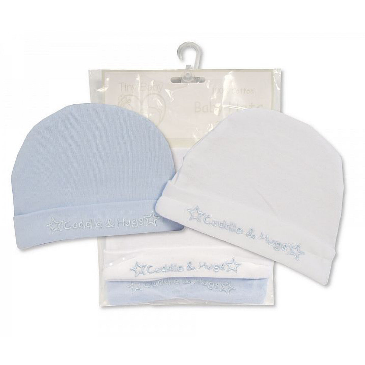 Hats Set of 2 'Cuddles and Hugs' Tiny Baby Blue and White