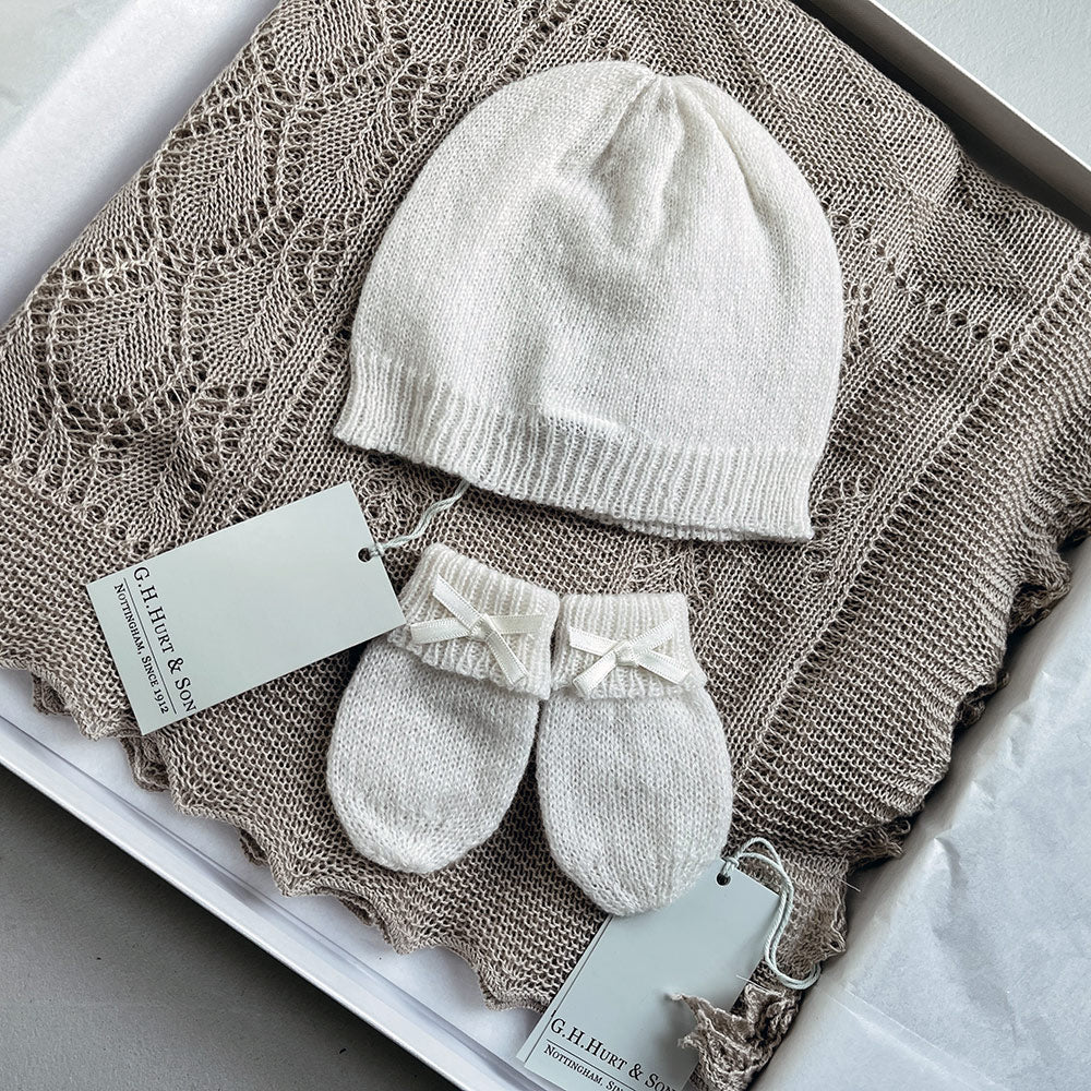 Cashmere Baby Hat and Mittens Set White