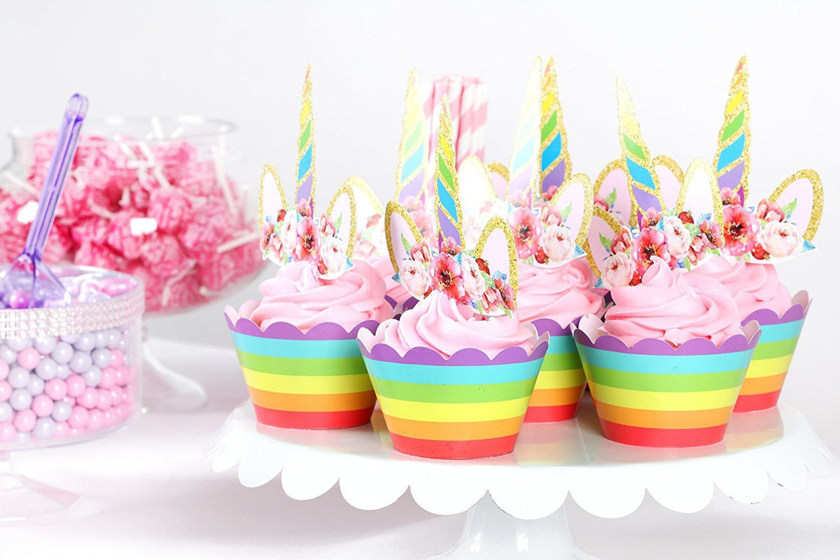 Rainbow Unicorn Cupcake Toppers and Wrappers | Unicorn Party Favors