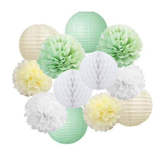 Green Baby Shower Decoration Set Sage Green White Poms Lantern