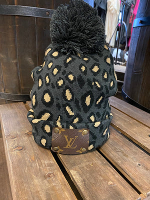 Upcycled LV Leopard Print Beanie with Pom Pom