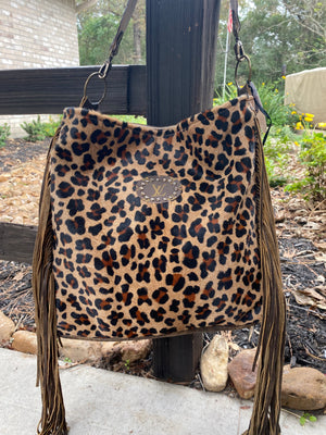 Acid Wash Cowhide Leopard and Fringe Bag