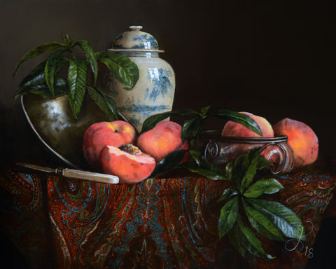 Still life with peaches and Kashmir Shawl - oil on linen - 50 X 40 cm