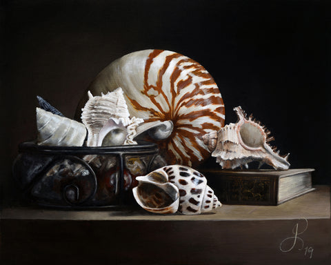 Still life with Nautilus and a book - oil on linen - 50 X 40 cm