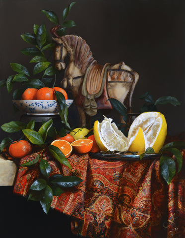 Still life with citruses and Kashmir Shawl - oil on linen - 90 X 70 cm