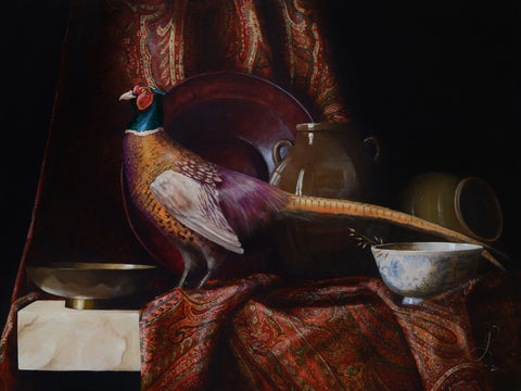 Still life with pheasant and Kashmir Shawl - oil on linen - 80 X 60 cm