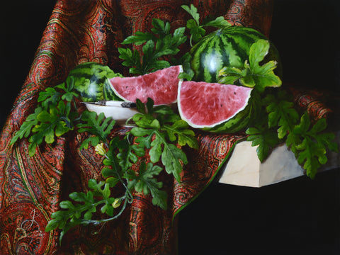 Still life with watermelons and Kashmir Shawl - oil on linen - 80 X 60 cm